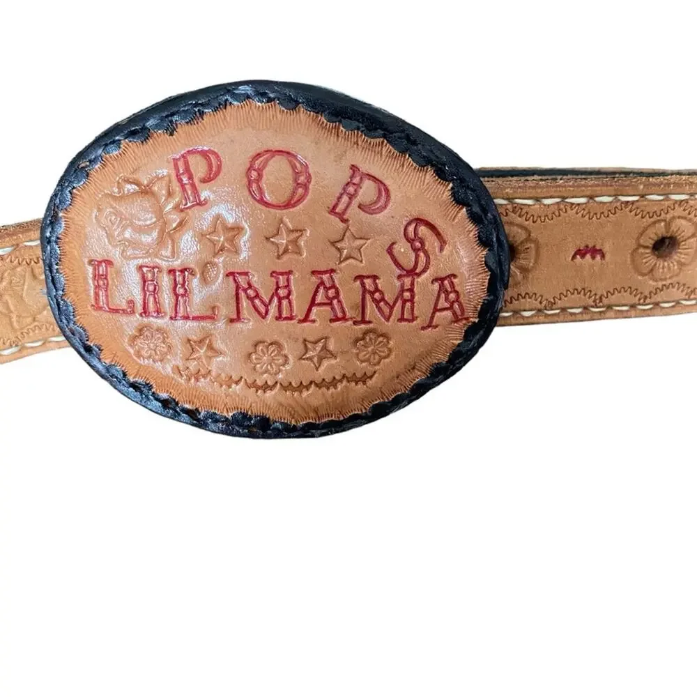 Vintage Tan Leather Stamped Belt Lil Mama Pops Tim Floral size XL